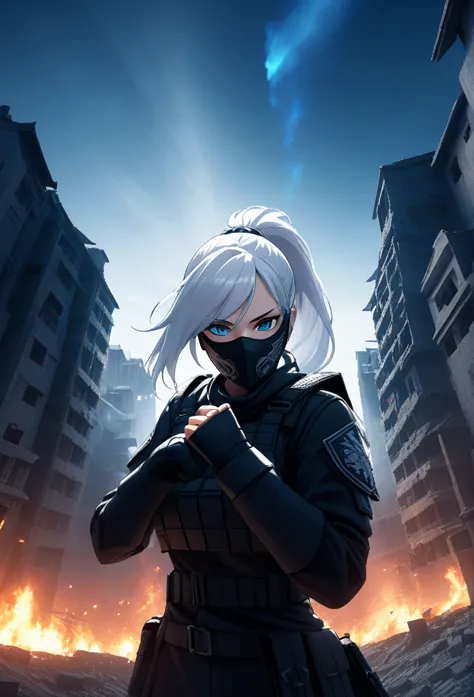 a highly detailed photo of a female soldier with white hair in a ponytail, wearing a tactical face mask, an assassin outfit, blu...