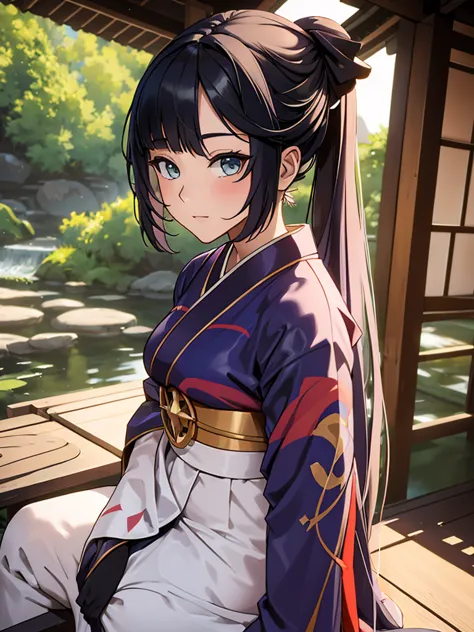 (mona), 1girl, wearing a long japanese kimono, at a village, mona's hair style , 8k, high detailed, high quality