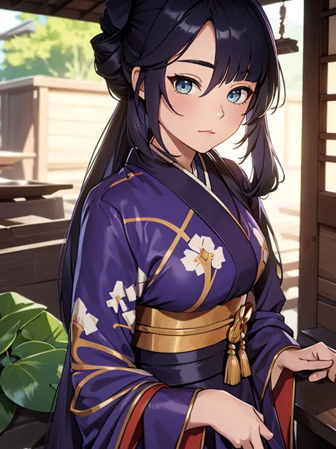 (mona), 1girl, wearing a long japanese kimono, at a village, mona's hair style , 8k, high detailed, high quality