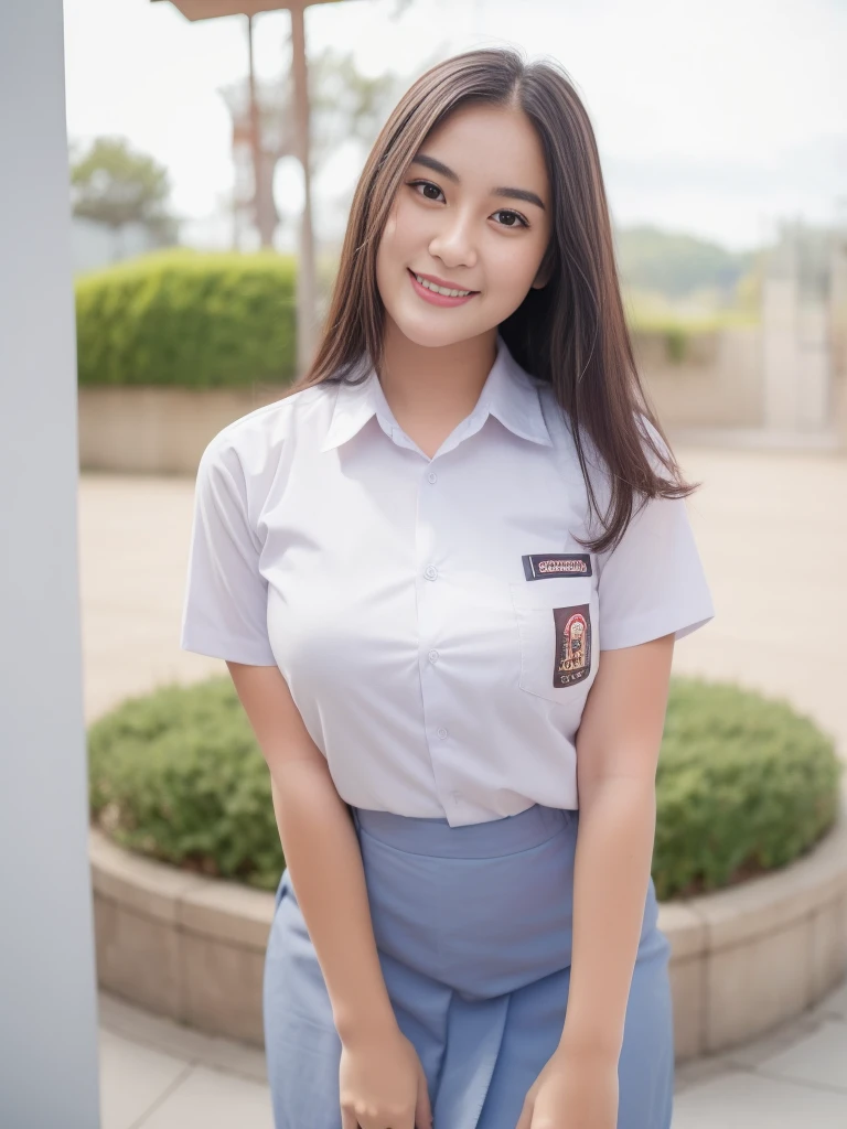 1girl, solo, 19 years old, (uniform), detailed Metropolitan city at the background, portrait, thick breasts, semi-curvy body, smooth realistic skin, cute smile, white shirt, grey blue short skirt, looking at the audience, high angle shot,(8k, RAW photo, best quality, masterpiece: 1.3), (realistic, realistic: 1.37), ultra-high resolution, cowboy shot