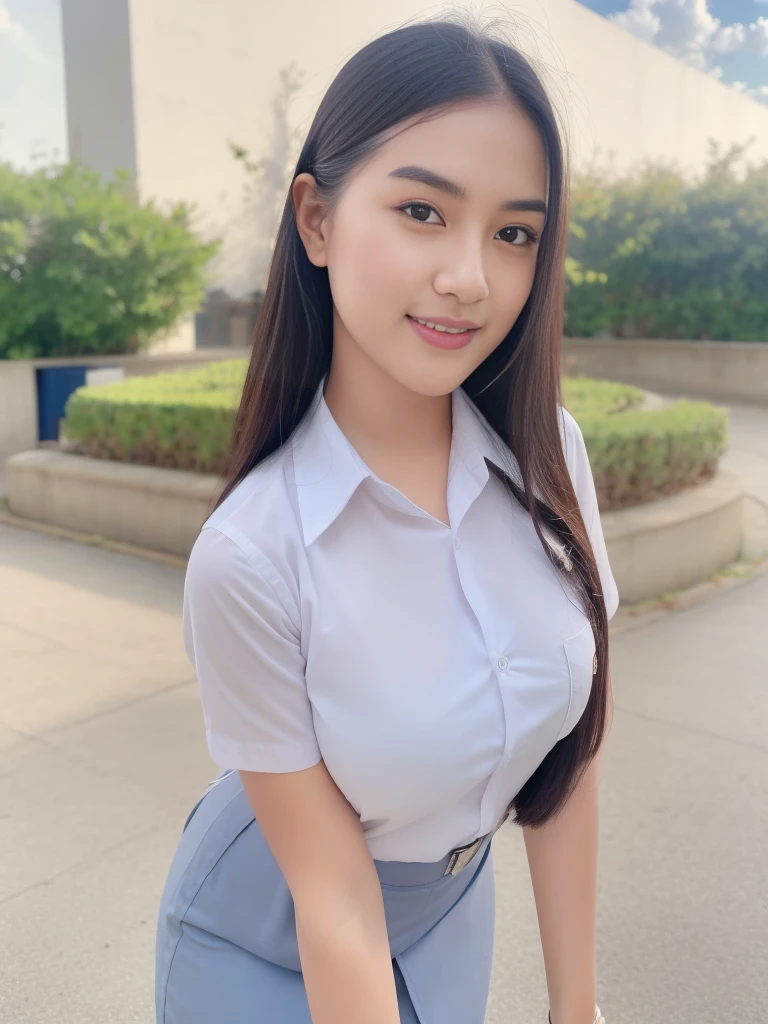 1girl, solo, 19 years old, (uniform), detailed Metropolitan city at the background, portrait, thick breasts, semi-curvy body, smooth realistic skin, cute smile, white shirt, grey blue short skirt, looking at the audience, high angle shot,(8k, RAW photo, best quality, masterpiece: 1.3), (realistic, realistic: 1.37), ultra-high resolution, cowboy shot