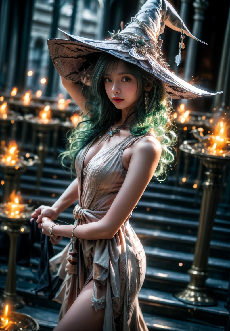 THE BEST QUALITY, DIGITAL PHOTOREALISTIC, AN ASIAN GIRL, LONG NEON GREEN HAIR, MISCHIEVOUS GREEN EYES, WEARING A RED STYLISH WITCH OUTFIT WITH ANCIENT MAGIC, HOLDING A GLOWING WAND, STANDING IN A CITY WITH MAGICAL ELEMENTS, DYNAMIC POSE, LIFE SIZE, PERFECT ANATOMY, DETAILED SKIN TEXTURE, BLUR THE BACKGROUND TO CREATE A THREE-DIMENSIONAL EFFECT, ATMOSPHERE, DEPTH OF FIELD, (SEXY POSE, FROM ABOVE:1.2), SHOT FROM ABOVE, WIDE-ANGLE PHOTOGRAPHY.
