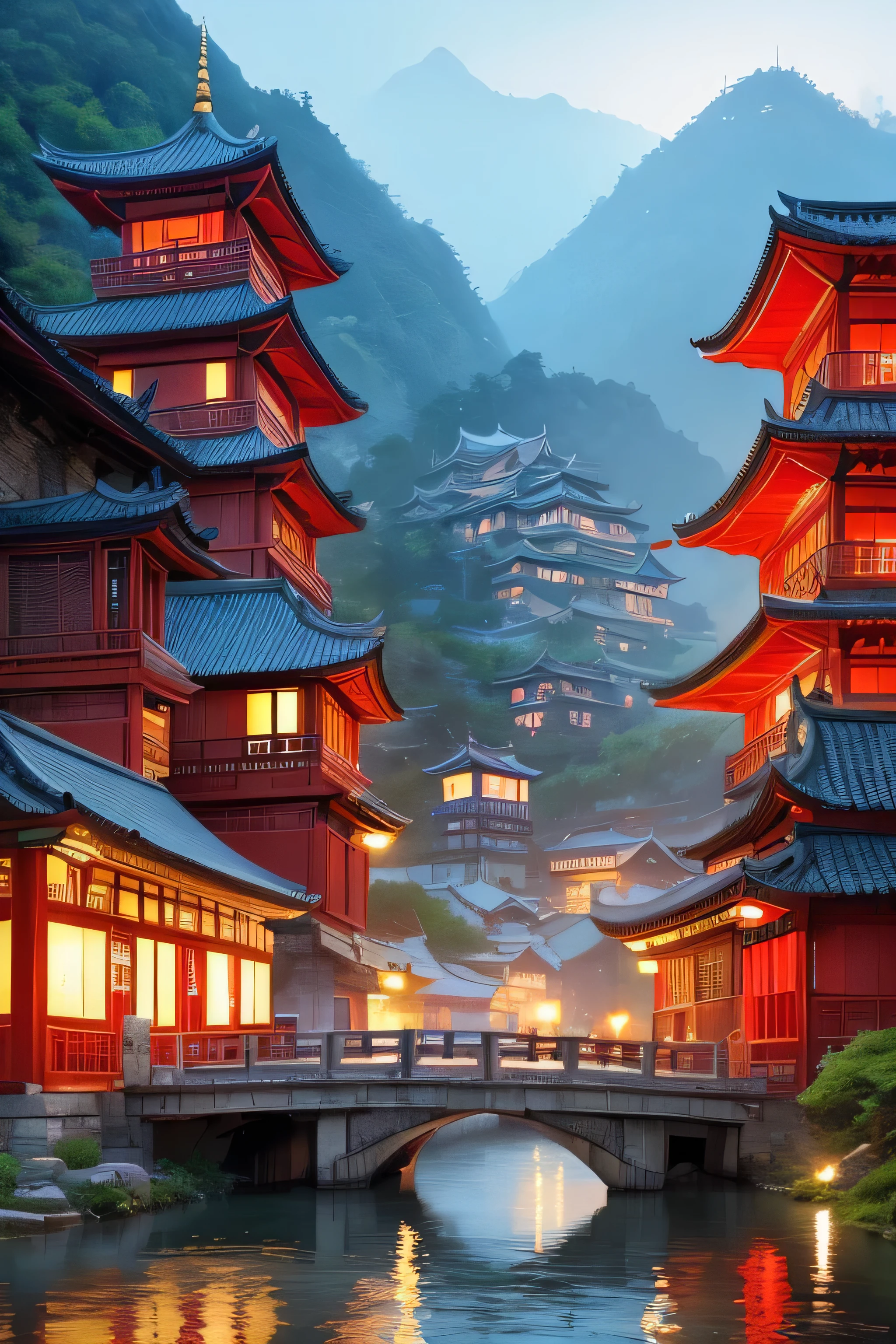 painting of a chinese village with a bridge over a river, ross tran. scenic background, digital painting of a pagoda, cyberpunk chinese ancient castle, dreamy chinese town, highly detailed digital painting, very detailed digital painting, detailed scenery —width 672, wlop and ross tran, detailed painting 4 k, detailed digital concept art, highly detailed digital artwork