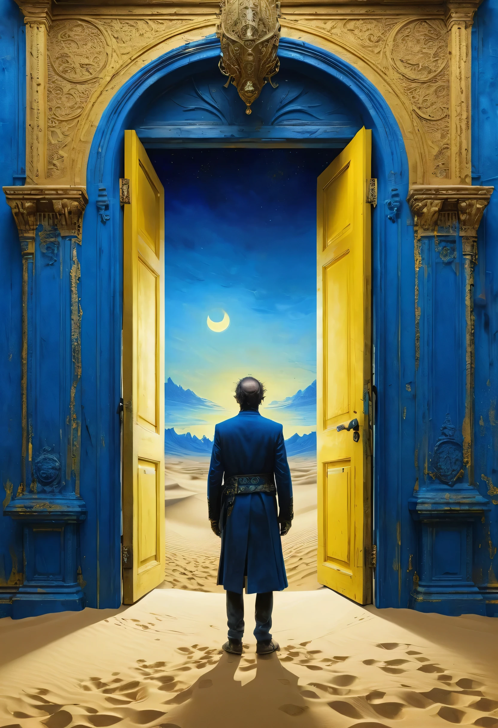 Steampunk dude joining on his dream, new world coming into his eyes, big eye projecting scenes, entering doors, walking on a desert of yellow sand, showing to the people the great news, showing to the crowd, ornaments, horror movie scene, dark blue and light yellow, blue and yellow, royal blue and golden yellow, 4D, 8K, photorealistic, dreamlike, big and complex composition, masterpiece, artwork by Jeremy Mann, artwork by Beksinski, artwork by Bernie Wrightson, artwork by René Magrite, Surrealism, Impressionism