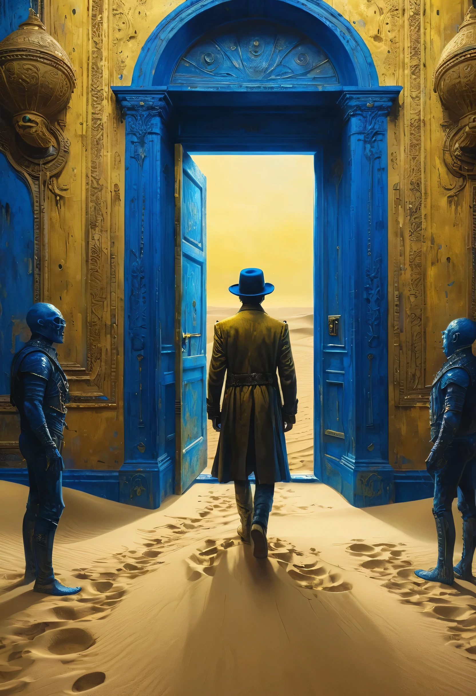 Steampunk dude joining on his dream, new world coming into his eyes, big eye projecting scenes, entering doors, walking on a desert of yellow sand, showing to the people the great news, showing to the crowd, ornaments, horror movie scene, dark blue and light yellow, blue and yellow, royal blue and golden yellow, 4D, 8K, photorealistic, dreamlike, big and complex composition, masterpiece, artwork by Jeremy Mann, artwork by Beksinski, artwork by Bernie Wrightson, artwork by René Magrite, Surrealism, Impressionism