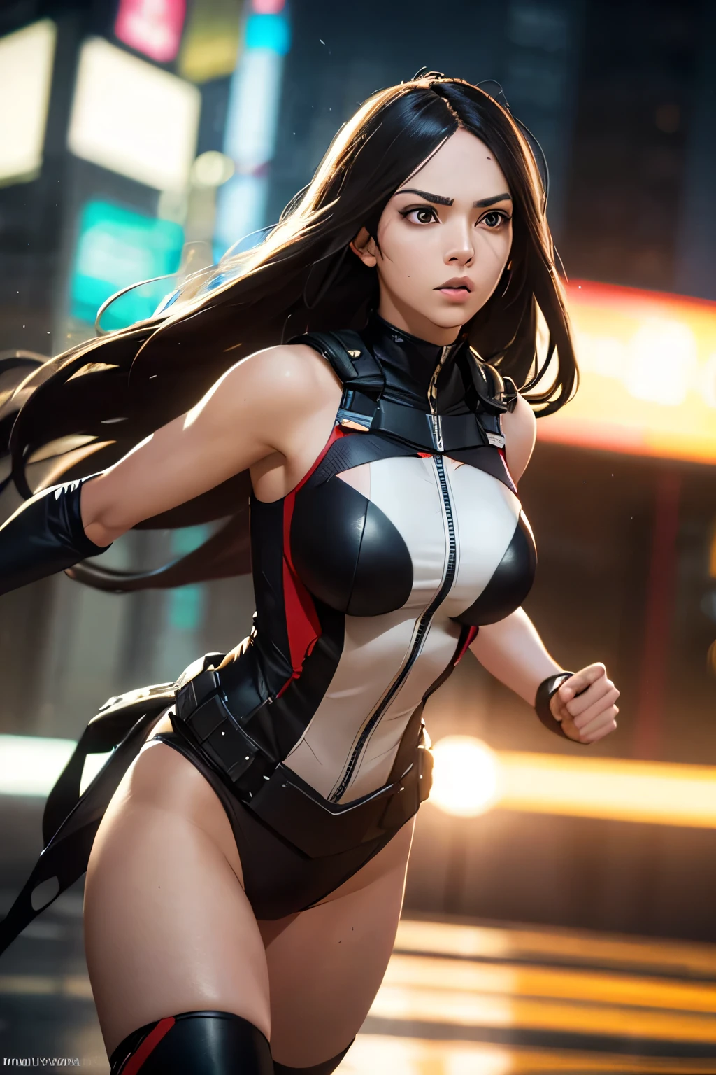 A superheroine wearing skimpy outfit, sleeveless, long hair, flying through city, chasing villains, no cape, no mask, dynamic pose, 3d, (8k), detailed texture,(hyperdetailed), (photo realistic), cinematic light, cinematic action, highly detailed, realistic, Isometric, full body, in frame, driven expression, dark theme, (extremely detailed eyes), detailed symmetric realistic face, extremely detailed natural texture, masterpiece, extremely detailed, amazing, fine detail, rich colors, hyper realistic lifelike texture, dramatic lighting, unreal engine, trending on art station, photo realistic, RAW photo, high quality, high res, sharp focus, extremely detailed, cinematic lighting, 8k, high definition, cinematic, neoprene, unreal engine 5, ultra sharp focus