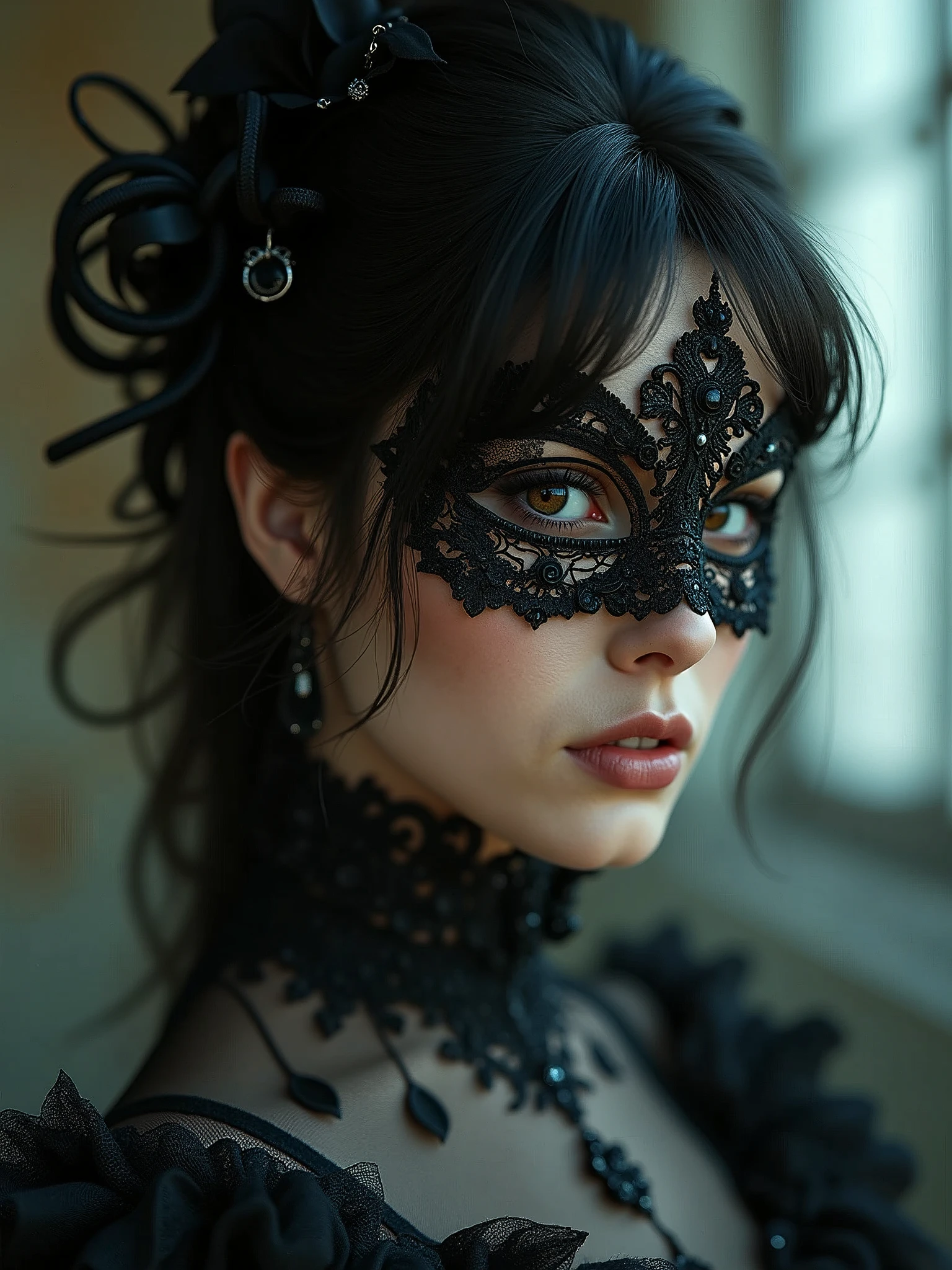 a close up of a person wearing a mask, dreamy gothic girl, elegant render, half body photo, mistress, photoshop render, ebony rococo, elegant girl, female spy, haunting beautiful young woman, super-hero girl, extravagant dress, beauty girl