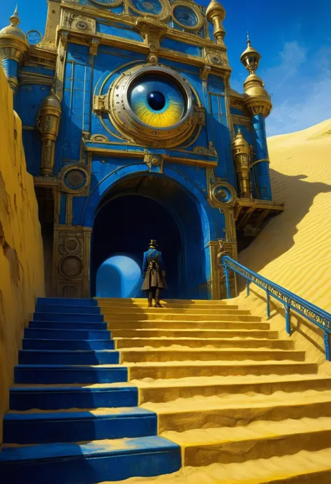 crazy steampunk dude joining on his dream, new world coming into his eyes, big eye projecting scene, lurker, big stairs, big dun...