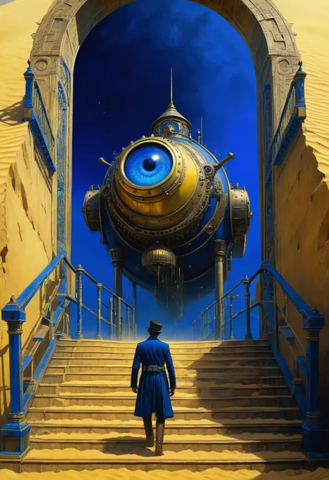 crazy steampunk dude joining on his dream, new world coming into his eyes, big eye projecting scene, lurker, big stairs, big dun...