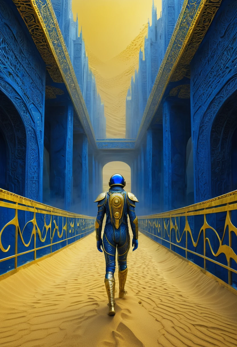 Crazy futuristic dude joining on his dream, crossing bridges and gates, new world coming into his eyes, fantastic creatures on big dunes of golden yellow sand, high relief texture like plaster, high tech ornaments, horror movie scene, dark blue and light yellow, blue and yellow, royal blue and golden yellow, 4D, 8K, photorealistic, dreamlike, big and complex composition, masterpiece, artwork by Jeremy Mann, artwork by Beksinski, artwork by Bernie Wrightson, artwork by René Magrite, Surrealism, Impressionism