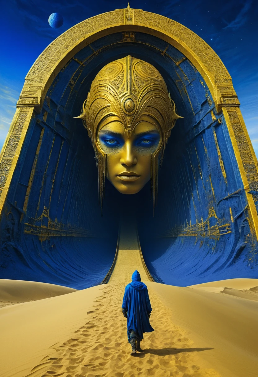 Crazy futuristic dude joining on his dream, crossing bridges and gates, new world coming into his eyes, fantastic creatures on big dunes of golden yellow sand, high relief texture like plaster, high tech ornaments, horror movie scene, dark blue and light yellow, blue and yellow, royal blue and golden yellow, 4D, 8K, photorealistic, dreamlike, big and complex composition, masterpiece, artwork by Jeremy Mann, artwork by Beksinski, artwork by Bernie Wrightson, artwork by René Magrite, Surrealism, Impressionism