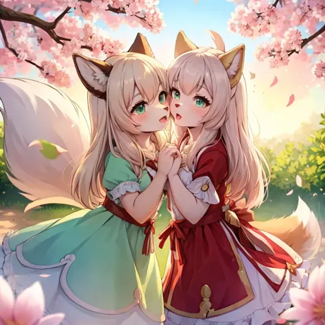 best quality,best resolution,(fluffy anthro furry :1.3),gold cat girl,mint cat girl,long hair,wavy hair,lesbians,huge sakura gar...