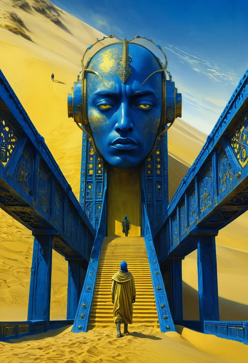 Crazy futuristic dude joining on his dream, crossing bridges and gates, new world coming into his eyes, fantastic creatures on big dunes of golden yellow sand, bizarre surrealistic storytelling of multiple happenings, high relief texture like plaster, high tech ornaments, horror movie scene, dark blue and light yellow, blue and yellow, royal blue and golden yellow, 4D, 8K, photorealistic, dreamlike, big and complex composition, masterpiece, artwork by Jeremy Mann, artwork by Beksinski, artwork by Bernie Wrightson, artwork by René Magrite, Surrealism, Impressionism