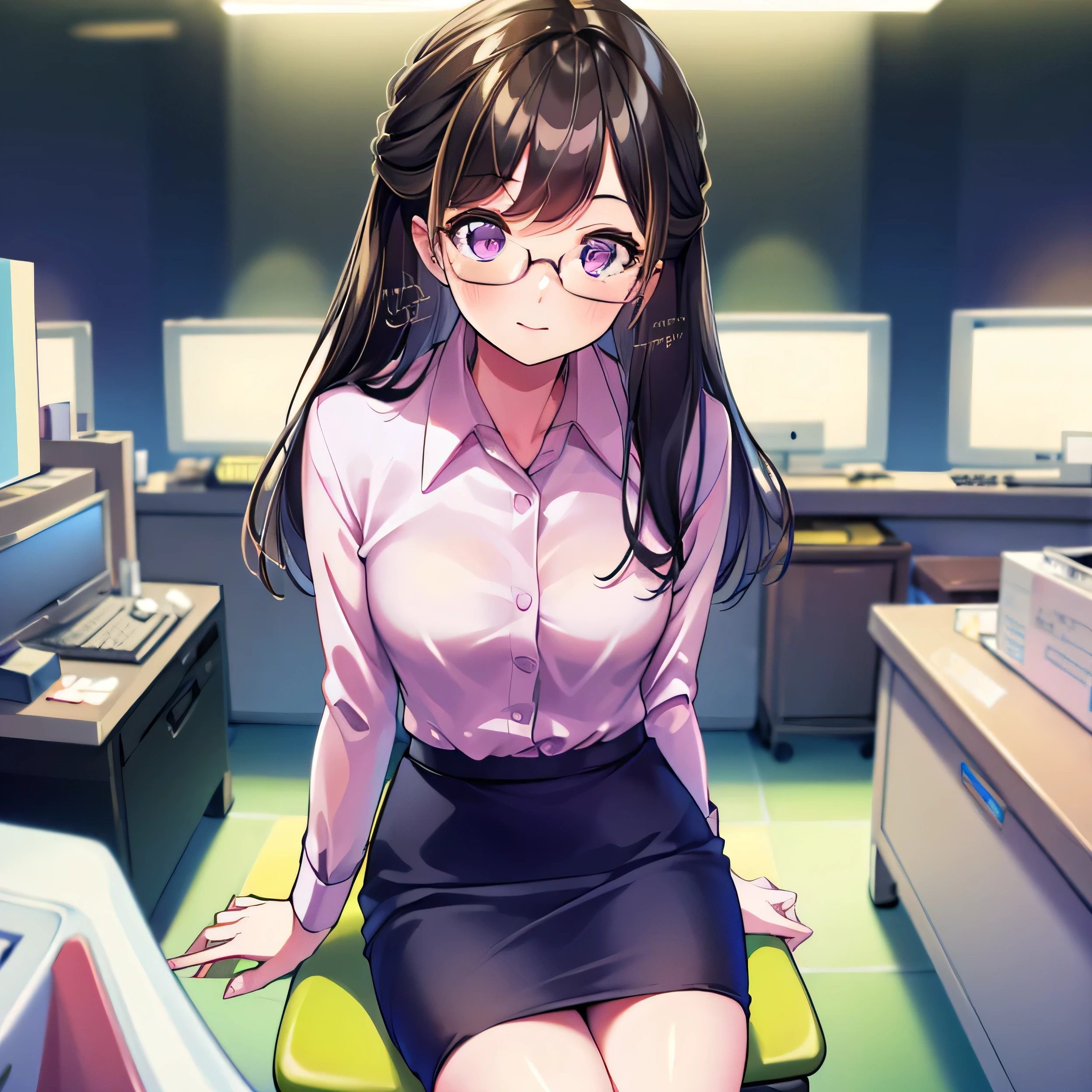 ((masterpiece)),((best quality)),((ultra high resolution)),((highest resolution)),((Very detailed build)),((anatomically correct)),((professional lighting)),in the office,((Composition seen from the front)),((laboratory equipment)),((observation equipment)),Amagi Shino OL,breast enlargement, Concentrate upon,multiple monitors:1.5,Monitor that displays numerical data,22 year old female secretary,Pretty Woman,glasses,sit on a chair,pink blouse,black pencil skirt,With a fountain pen,laugh,looking at the camera,