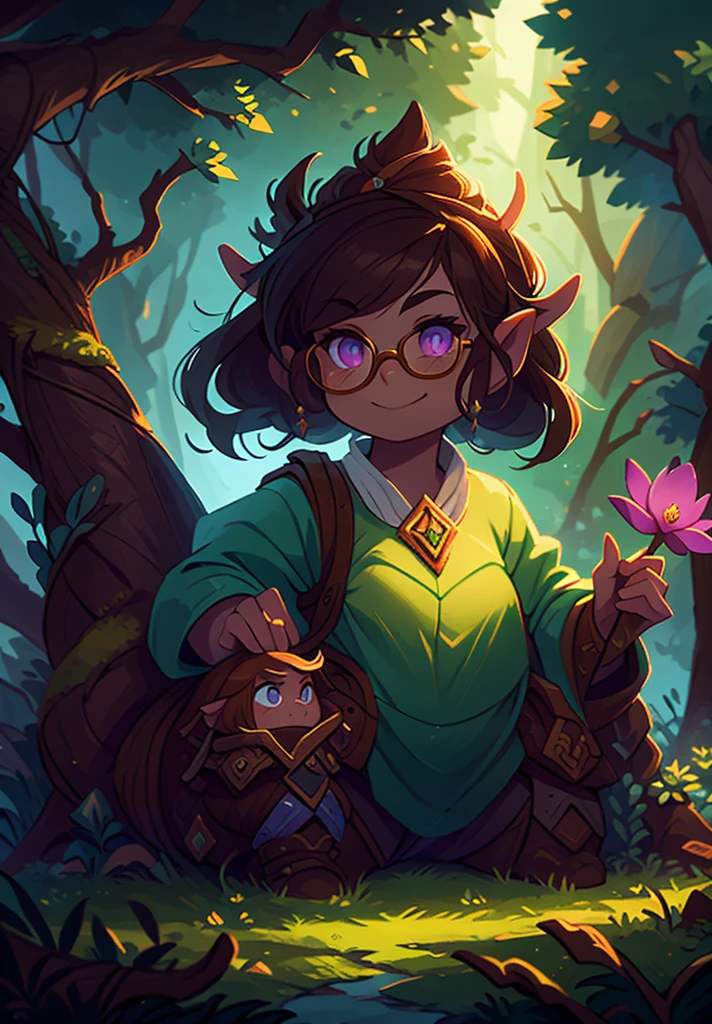 full color, nude, fantasy game world, a young dwarf researcher woman in thick dark forest, checking a flower, eyes glasses, full body, closed mouth smile,