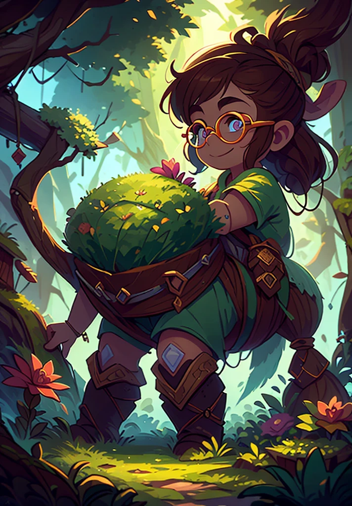 full color, nude, fantasy game world, a young dwarf researcher woman in thick dark forest, checking a flower, eyes glasses, full body, closed mouth smile,