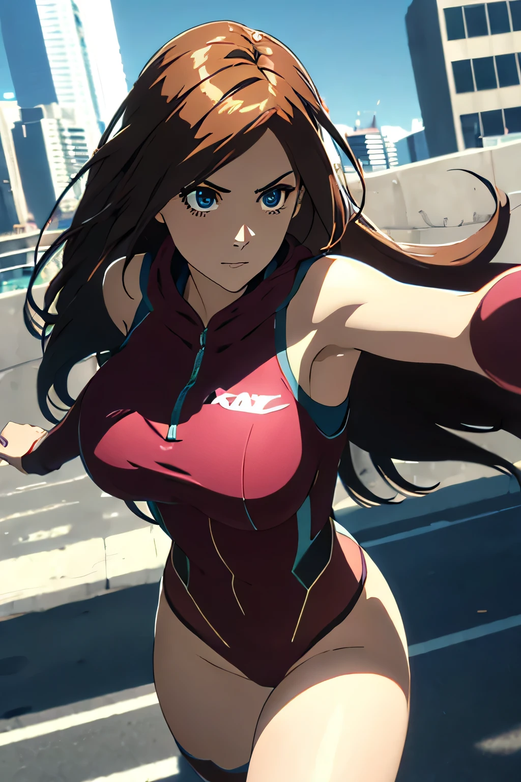 A superheroine wearing skimpy outfit, sleeveless, long hair, flying through city, chasing villains, no cape, no mask, dynamic pose, 3d, (8k), detailed texture,(hyperdetailed), (photo realistic), cinematic light, cinematic action, highly detailed, realistic, Isometric, full body, in frame, driven expression, dark theme, (extremely detailed eyes), detailed symmetric realistic face, extremely detailed natural texture, masterpiece, extremely detailed, amazing, fine detail, rich colors, hyper realistic lifelike texture, dramatic lighting, unreal engine, trending on art station, photo realistic, RAW photo, high quality, high res, sharp focus, extremely detailed, cinematic lighting, 8k, high definition, cinematic, neoprene, unreal engine 5, ultra sharp focus