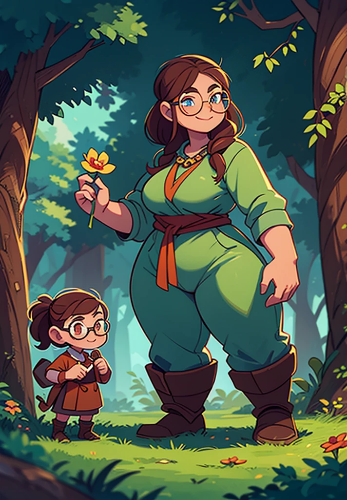 full color, nude, fantasy game world, a young dwarf researcher woman in thick dark forest, checking a flower, eyes glasses, full body, closed mouth smile,