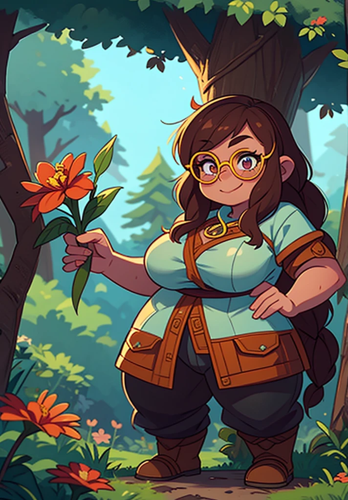 full color, nude:1.2, large breast:1.3,  fantasy game world, a young dwarf researcher woman in thick dark forest, checking a flower, eyes glasses, full body, closed mouth smile,