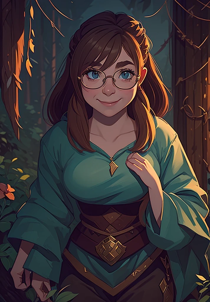 full color, (((nude:1.2))), large breast:1.3, fantasy game world, a young dwarf researcher woman in thick dark forest, checking a flower, eyes glasses, full body, closed mouth smile,