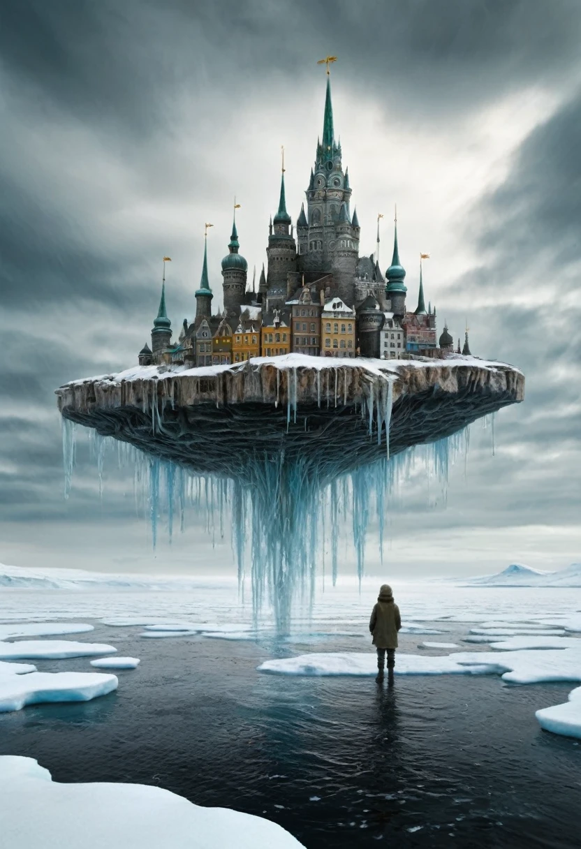 Best quality, double exposure, two parts in one art, painting depicting an intricately detailed floating city, levitating atop an arctic tundra enveloped in a swirling snowstorm, applying artistry reminiscent of such masters as h. r. giger, and beksiński. the floating city should tell a different aspect of an enchanting kid's story a snowy wonderland, a dense, dormant forest, the bleak and lonesome north pole, rendered with chrome. 8k