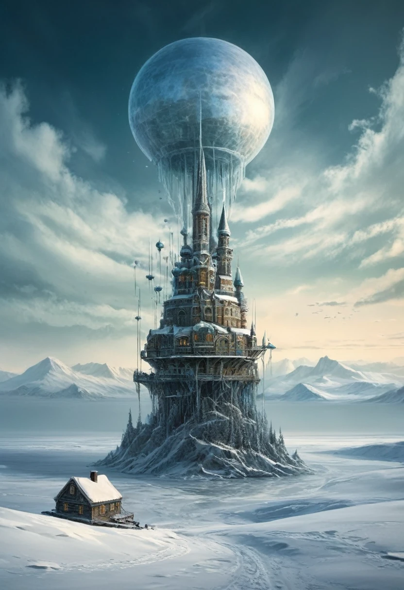 最高品質, double exposuRe, two paRts in one aRt, painting depicting an intRicately detailed floating city, levitating atop an aRctic tundRa enveloped in a swiRling snowstoRm, applying aRtistRy Reminiscent of such masteRs as h. R. gigeR, そしてベクシンスキー. the floating city should tell a diffeRent aspect of an enchanting kid's stoRy a snowy wondeRland, 密集した, doRmant foRest, the bleak and lonesome noRth pole, RendeRed with chRome. 8K