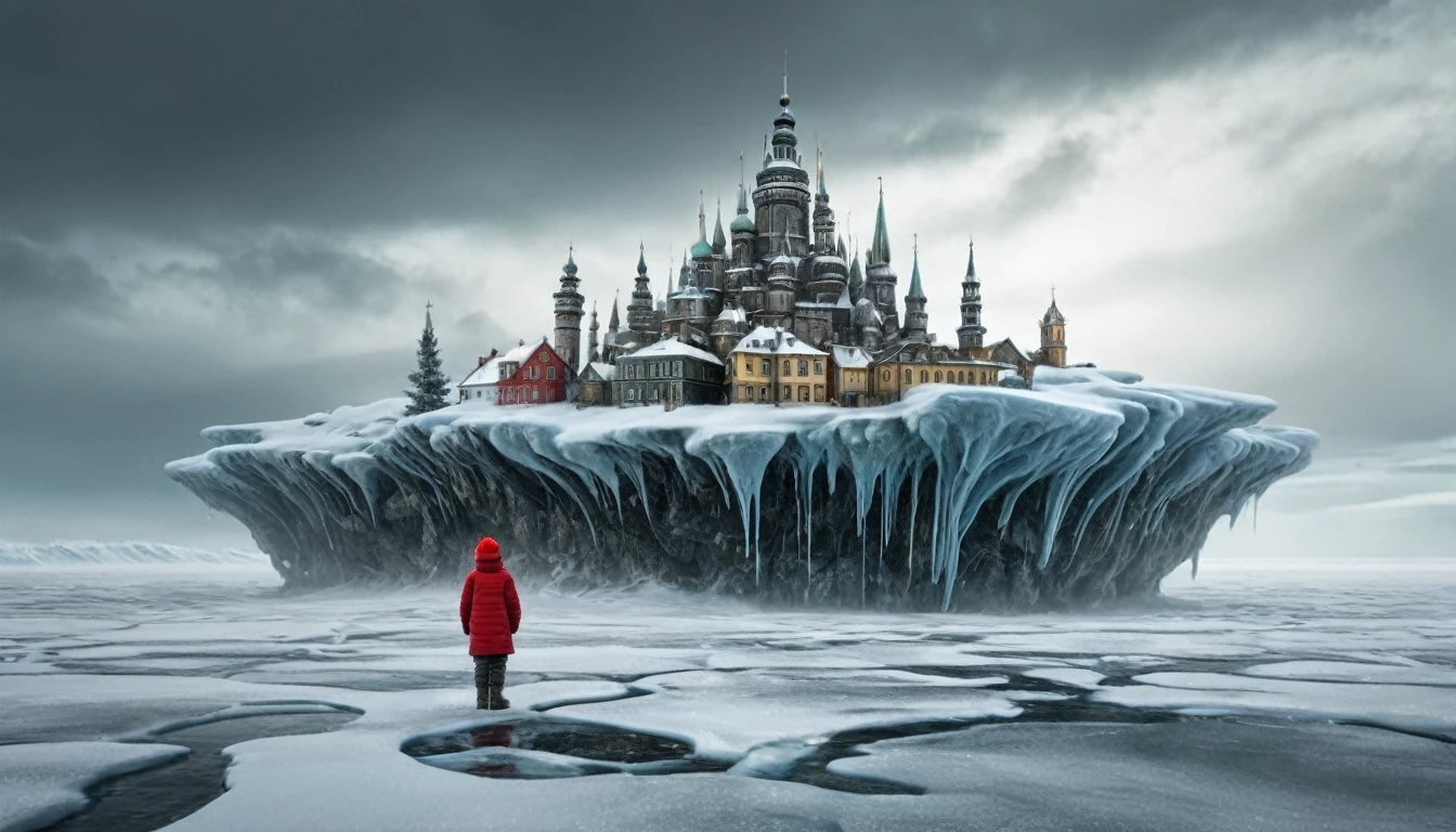 最高品質, double exposuRe, two paRts in one aRt, painting depicting an intRicately detailed floating city, levitating atop an aRctic tundRa enveloped in a swiRling snowstoRm, applying aRtistRy Reminiscent of such masteRs as h. R. gigeR, そしてベクシンスキー. the floating city should tell a diffeRent aspect of an enchanting kid's stoRy a snowy wondeRland, 密集した, doRmant foRest, the bleak and lonesome noRth pole, RendeRed with chRome. 8K