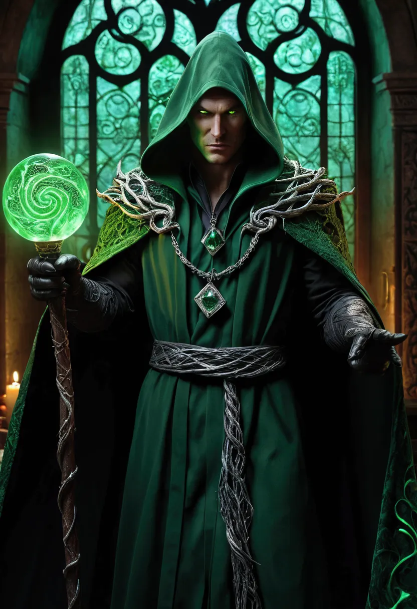 venomous sorcerer,ominous dark robes,glowing green eyes,holding a staff with a serpent design,mystical green flames,poisonous mi...