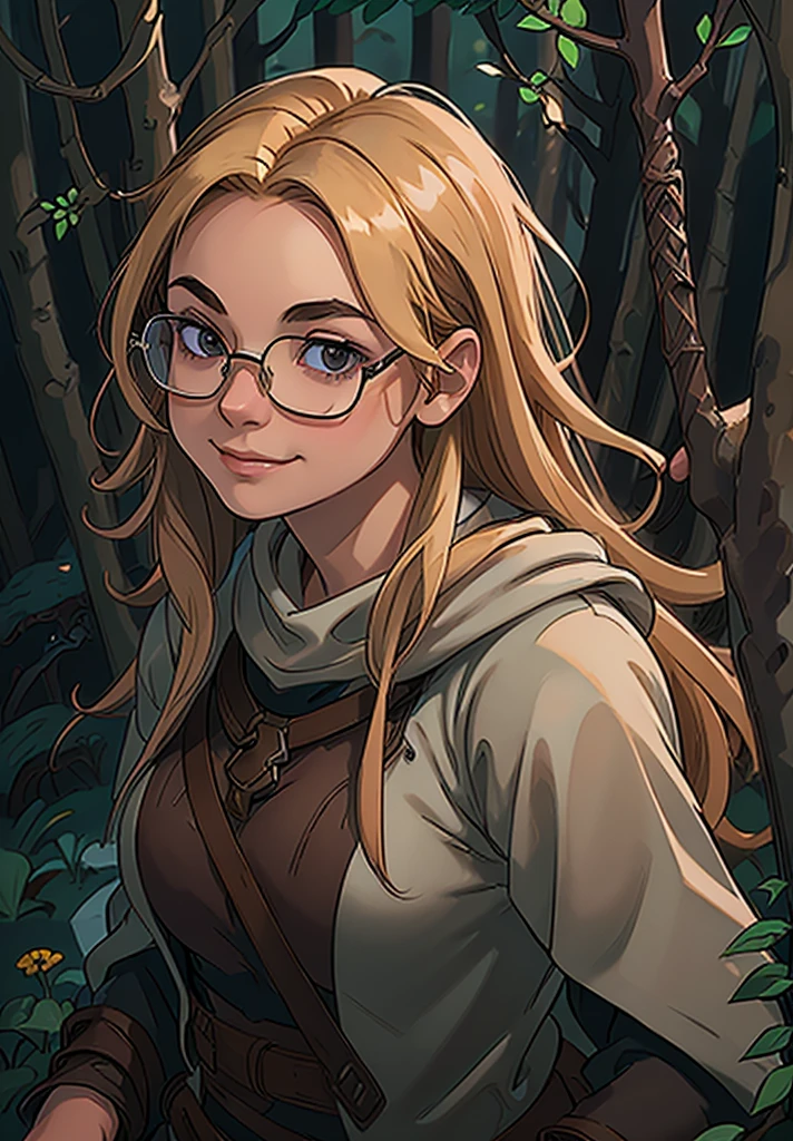 full color, (((nude:1.2))), large breast:1.3, fantasy game world, a young dwarf researcher woman in thick dark forest, checking a flower, eyes glasses, full body, closed mouth smile, thick