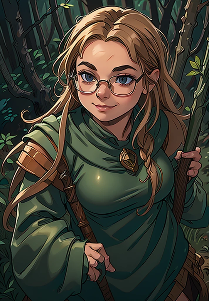 a todo color, (((desnudo:1.2))), pechos grandes:1.3, Mundo de juego de fantasía, a young dwarf researcher woman in grueso dark forest, comprobando una flor, gafas para los ojos, cuerpo completo, sonrisa con la boca cerrada, grueso