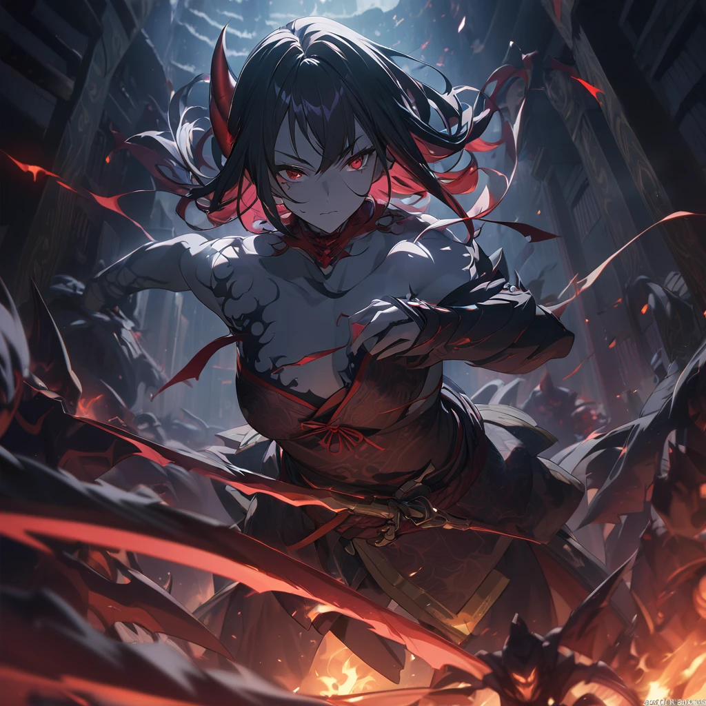 ((alone)), Demon Race, Shogun, Red eyes,Blue-black skin, short hair,devil Horn, Horn, Warrior, Detailed Key Anime Art,Kashmir Art,  Demon Darkness, Evil Aura,hell, die, Detailed clothing, Depth of written boundary, Cinema Lighting, Ray Tracing, 超High resolution, Attention to detail, 最high quality, High resolution, high quality, Awards, Super Detail, masterpiece, 8k,(((body shot))),(((１human devil))),野蛮なWarrior,Wearing an aura of darkness,A moving picture,In combat