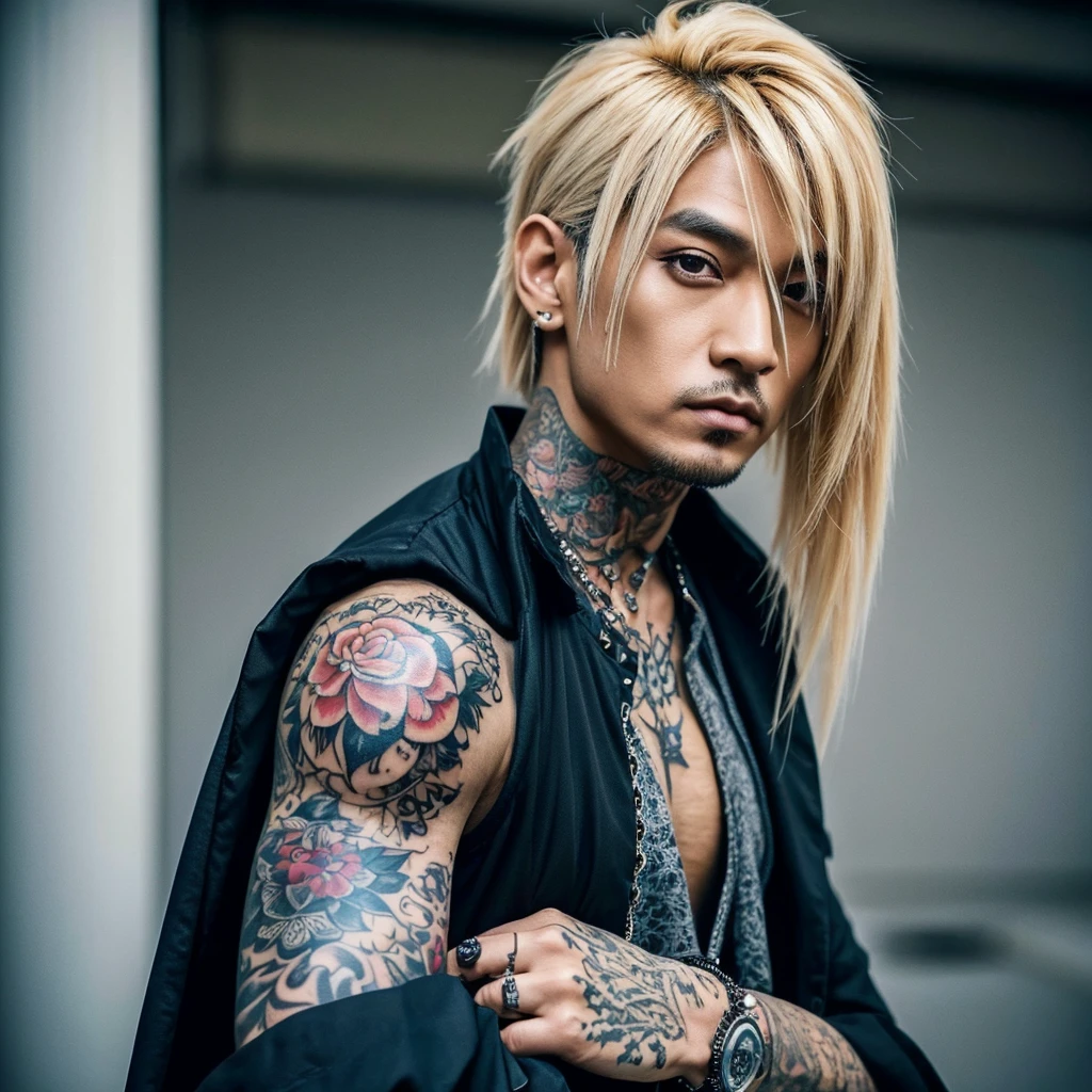 1 homem, macho, Homem japonês, Penteado Visual Kai, rosto e corpo ultra detalhados, hiperrealista, representação realista, muscular, Ombros largos, tatuagens estilo gótico, piercings, Estilo Visual Kei, penteado Visual Kei, loiro, cabelo longo, 40 anos, 40 anos, roupa gótica streampunk, camisa masculina e calça preta, Olhos asiáticos, olhos asiáticos, Penteado Visual Kei 