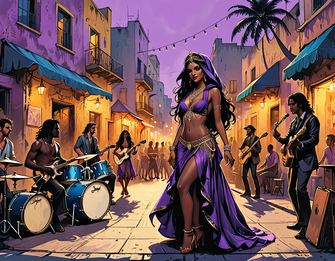 city square, (gypsy dancing,black long Waves hair, black eyes, Fleshy nose, Thin nude Lips, dark makeup,(jewelry), ((tiara)), ((dark violet hood)), wearing intricate violet clothes, shawl, dark skin, mole under eye, gypsy dress, )
stage, a high stage on the street on which a gypsy dances and a music band plays, street, people looking at the stage, tropical street, palm trees, musician with a guitar, musician on drums,  graphic style of novel comics, 2d, 8k, hyperrealism, masterpiece, high resolution, best quality, ultra-detailed, super realistic, Hyperrealistic art, high-quality, ultra high res, highest detailed, lot of details, Extremely high-resolution details, incredibly lifelike, colourful, soft cinematic light,