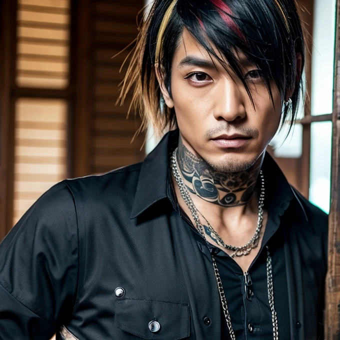 1 homem, macho, Homem japonês, Penteado Visual Kai, rosto e corpo ultra detalhados, hiperrealista, representação realista, muscular, Ombros largos, tatuagens estilo gótico, piercings, Estilo Visual Kei, penteado Visual Kei, loiro, cabelo longo, 40 anos, 40 anos, roupa gótica streampunk, camisa masculina e calça preta, Olhos asiáticos, olhos asiáticos, Penteado Visual Kei 