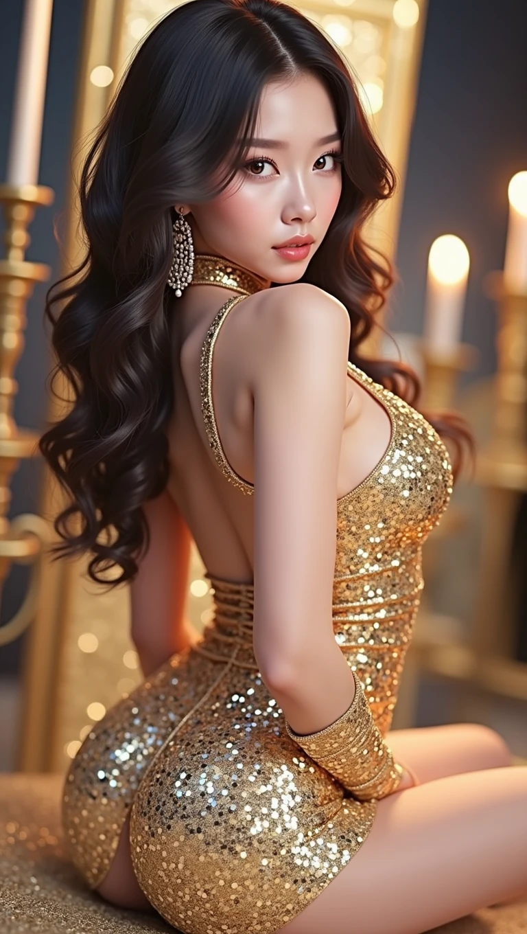 a gorgeous korean girl wearing the most vivid and luxurious glittery outfit, tight clothing, best quality, 8k, masterpiece, ultra-detailed, realistic, photorealistic, physically-based rendering, vivid colors, sharp focus, studio lighting