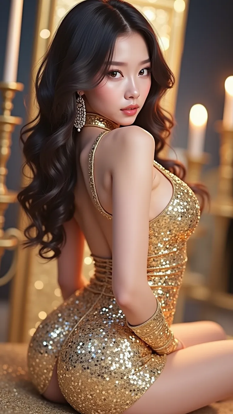 a gorgeous korean girl wearing the most vivid and luxurious glittery outfit, tight clothing, best quality, 8k, masterpiece, ultr...