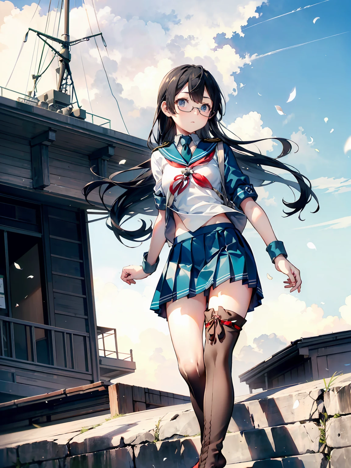 (Oyodo Kai　Kantai Collection)、((Lustrous thighs))、Glasses,Pleated skirt、Sailor suit、Red tie、Are standing、((紫のoverknee socks:1.5))
