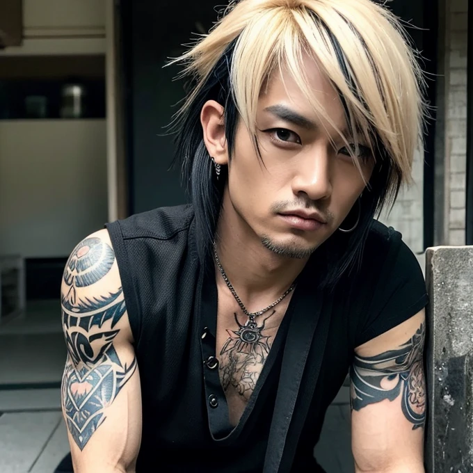 1 homem, macho, Homem japonês, Penteado Visual Kai, rosto e corpo ultra detalhados, hiperrealista, representação realista, muscular, Ombros largos, tatuagens estilo gótico, piercings, Estilo Visual Kei, penteado Visual Kei, loiro, cabelo longo, 40 anos, 40 anos, roupa gótica streampunk, camisa masculina e calça preta, Olhos asiáticos, olhos asiáticos, Penteado Visual Kei 