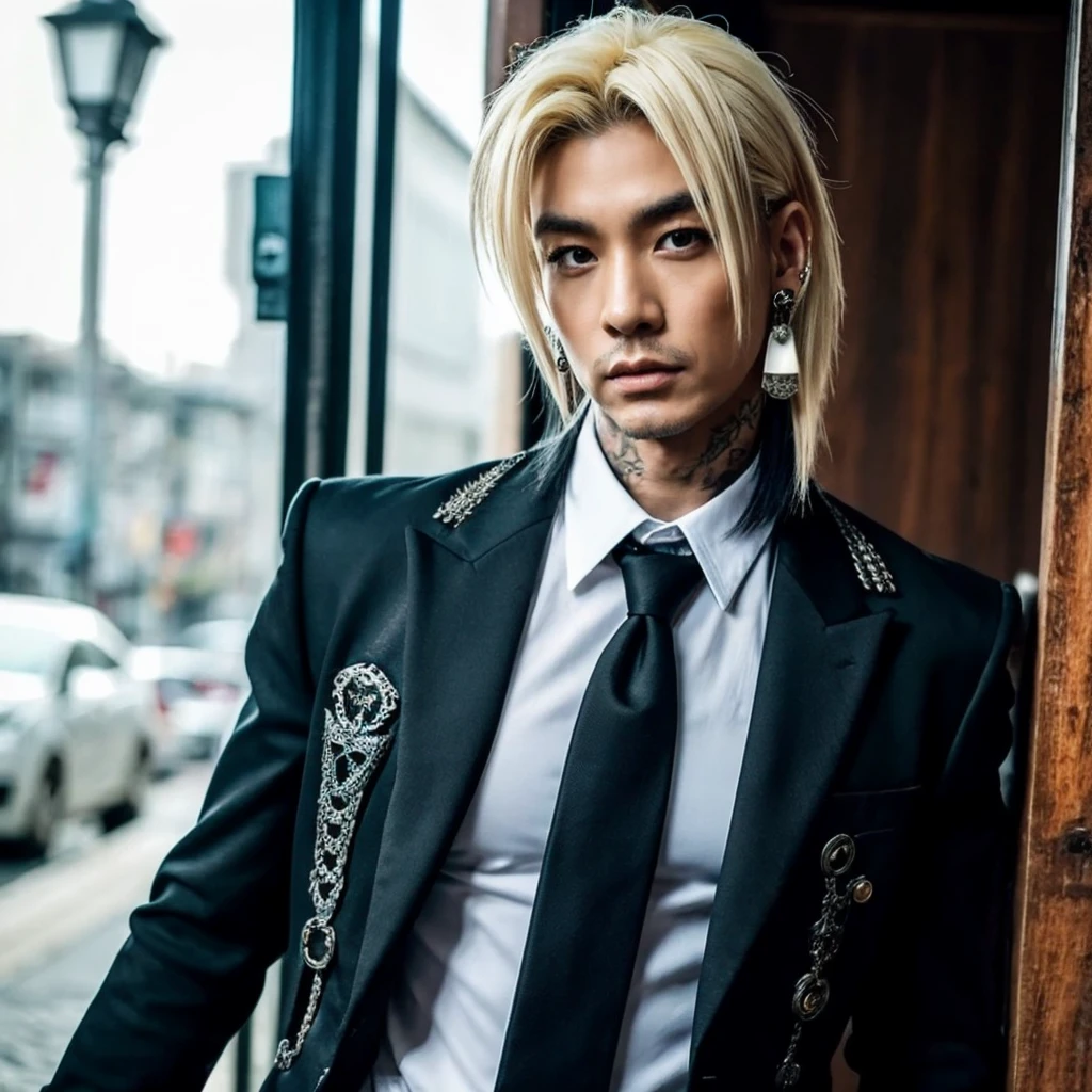 1 homem, macho, Homem japonês, Penteado Visual Kai, rosto e corpo ultra detalhados, hiperrealista, representação realista, muscular, Ombros largos, tatuagens estilo gótico, piercings, Estilo Visual Kei, penteado Visual Kei, loiro, cabelo longo, 40 anos, 40 anos, roupa gótica streampunk, camisa masculina e calça preta, Olhos asiáticos, olhos asiáticos, Penteado Visual Kei 