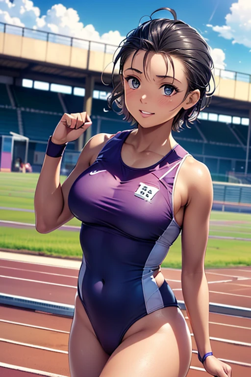 #Basics A girl is posing for a photo, (((One Girl))), (((Baby Face:1.4)) + ((cute:1.4)) + ((15 years old))), 
break 

#Clothing Accessories 
((Purple((track and field athlete))uniform:1.5) : Shiny + (Sports Bra) + (Bloomers)) + (Blue sneakers), 
break 

#Features 
((Silver Hair:1.2)), ((slicked back hair:1.6)) + ((Pixie Cut Hair : Very short hair:1.5 + Outer bounce + Curly hair)), 
((Droopy eyes:1.4, Big eyes:1.2), blue eyes), (Small breasts), 
break 

#background environment 
((noon + Sunlit stadium, cumulonimbus + blue sky)), 
#Facial Expression Pose  
(smile + happy), ((Stand with your feet slightly apart + Relaxed standing + (hand in own hair))), 
#composition 
((Character Focus), (Angle from the front), (Cowboy Shot)), 
break 

#Body parts elements 
(Slim figure), 
(Symmetrical facial features), 
(Detailed Hair, Beautiful Hair, Shiny Hair), 
(double eyelid, Long eyelashes, Thin eyebrows:0.5), 
(Expression of fine eyes, Beautiful and delicate eyes, Sparkling eyes, Eye Reflexes, Glitter Eyeliner), 
(Human Ear), 
(Beautiful Nose, Thin Nose), 
(Shiny唇, Beautiful Lips, Thick lips), 
(Detailed skin, Textured skin, Beautiful Skin, Oily skin), 
break 

#Quality Image Quality Common 
(((Highest quality)), ((masterpiece)), ((Very detailed))), ((Ultra-high resolution)), ((16K, 1080P)), ((Full HD)), 
(Anatomically correct), (Realistic), (3DCG), (Oil painting), 
((comics, anime)), (CG illustration), (RAW Photos), 
