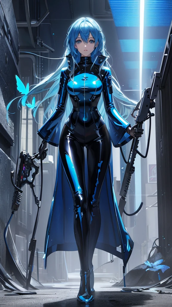 Glowing blue butterfly，Blue skinny latex coat，latex，Agent，One girl，blue，Long Blue Hair， masterpiece, Highest quality,High resolution,Detail enhancements，Highest quality，Perfect image quality，Cool and elegant，Beautiful and gentle，Cyberpunk characters