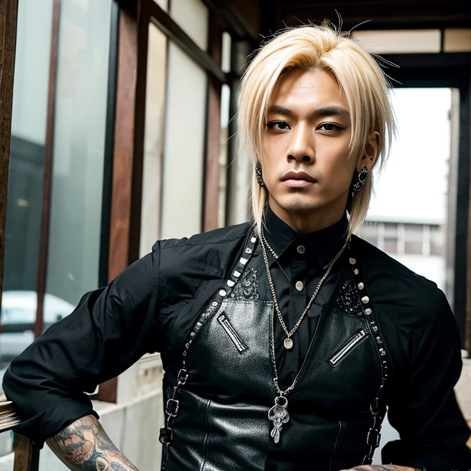 1 homem, macho, Homem japonês, Penteado Visual Kai, rosto e corpo ultra detalhados, hiperrealista, representação realista, muscular, Ombros largos, tatuagens estilo gótico, piercings, Estilo Visual Kei, penteado Visual Kei, loiro, cabelo longo, 40 anos, 40 anos, roupa gótica streampunk, camisa masculina e calça preta, Olhos asiáticos, olhos asiáticos, Penteado Visual Kei 