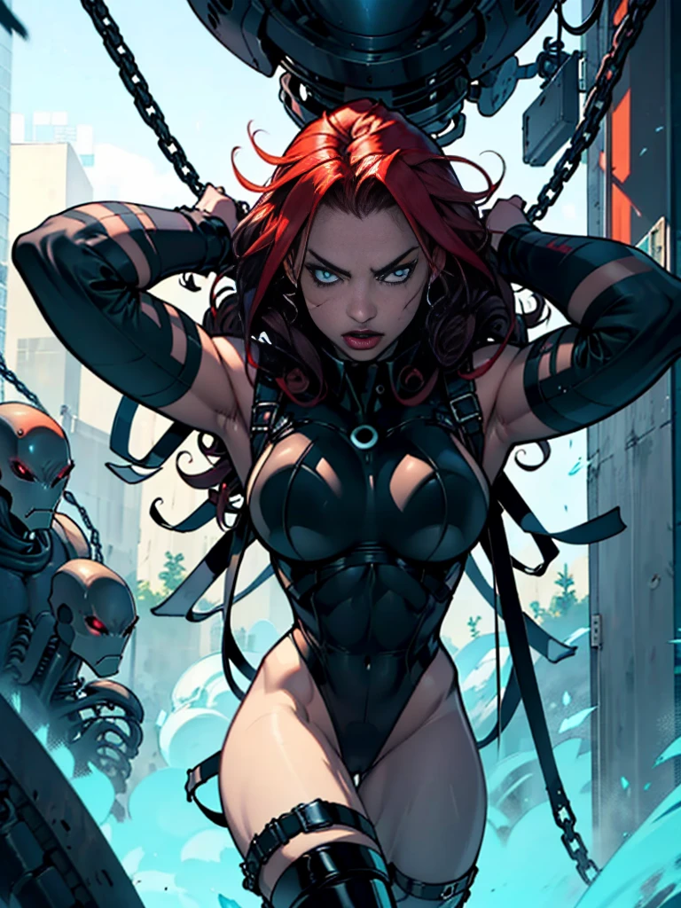 Redhead woman with sexy curly hair , big breasts and thick thighs , chained with open arms, a face of terror , alien technological scenes in the background