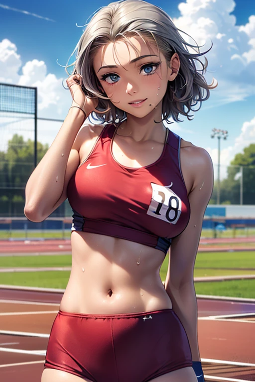 #Basics A girl is posing for a photo, (((One Girl))), (((Baby Face:1.4)) + ((cute:1.4)) + ((15 years old))), 
break 

#Clothing Accessories 
((blue and black((track and field athlete))uniform:1.5) : Shiny + (Sports Bra:1.2) + (High leg bloomers:1.2)) + (Blue sneakers), (Sweaty skin), (Abdominal muscles:1.2), 
break 

#Features 
((Silver Hair:1.2)), ((slicked back hair:1.6)) + ((Pixie Cut Hair : Very short hair:1.5 + Outer bounce + Curly hair)), 
((Droopy eyes:1.4, Big eyes:1.2), blue eyes), (Small breasts), 
break 

#background environment 
((noon + Sunlit stadium, cumulonimbus + blue sky)), 
#Facial Expression Pose  
(smile + happy), ((Stand with your feet slightly apart + Relaxed standing + (hand in own hair))), 
#composition 
((Character Focus), (Angle from the front), (Cowboy Shot)), 
break 

#Body parts elements 
(Slim figure), 
(Symmetrical facial features), 
(Detailed Hair, Beautiful Hair, Shiny Hair), 
(double eyelid, Long eyelashes, Thin eyebrows:0.5), 
(Expression of fine eyes, Beautiful and delicate eyes, Sparkling eyes, Eye Reflexes, Glitter Eyeliner), 
(Human Ear), 
(Beautiful Nose, Thin Nose), 
(Shiny唇, Beautiful Lips, Thick lips), 
(Detailed skin, Textured skin, Beautiful Skin, Oily skin), 
break 

#Quality Image Quality Common 
(((Highest quality)), ((masterpiece)), ((Very detailed))), ((Ultra-high resolution)), ((16K, 1080P)), ((Full HD)), 
(Anatomically correct), (Realistic), (3DCG), (Oil painting), 
((comics, anime)), (CG illustration), (RAW Photos), 
