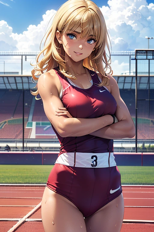 #Basics A girl is posing for a photo, (((One Girl))), (((Baby Face:1.4)) + ((cute:1.4)) + ((15 years old))), 
break 

#Clothing Accessories 
((blue and black((track and field athlete))uniform:1.5) : (Abdominal muscles:1.2) + Shiny + (High leg)) + (Blue sneakers), (Sweaty skin:1.2),  
break 

#Features 
((Blonde:1.2)), ((Ashime Bang + Long side bangs)) + ((Pixie Cut Hair : Long Hair + Outer bounce + Curly hair + Wavy Hair)), 
((Droopy eyes:1.4, Big eyes:1.2), blue eyes), (Small breasts), (Brown skin:1.4), 
break 

#background environment 
((noon + Sunlit stadium, cumulonimbus + blue sky)), 
#Facial Expression Pose  
(smile,smug face), ((Stand with your feet slightly apart + Strong and confident + (fold your arms)), 
#composition 
((Character Focus), (Angle from the front), (Cowboy Shot)), 
break 

#Body parts elements 
(Slim figure), 
(Symmetrical facial features), 
(Detailed Hair, Beautiful Hair, Shiny Hair), 
(double eyelid, Long eyelashes, Thin eyebrows:0.5), 
(Expression of fine eyes, Beautiful and delicate eyes, Sparkling eyes, Eye Reflexes, Glitter Eyeliner), 
(Human Ear), 
(Beautiful Nose, Thin Nose), 
(Shiny唇, Beautiful Lips, Thick lips), 
(Detailed skin, Textured skin, Beautiful Skin, Oily skin), 
break 

#Quality Image Quality Common 
(((Highest quality)), ((masterpiece)), ((Very detailed))), ((Ultra-high resolution)), ((16K, 1080P)), ((Full HD)), 
(Anatomically correct), (Realistic), (3DCG), (Oil painting), 
((comics, anime)), (CG illustration), (RAW Photos), 
