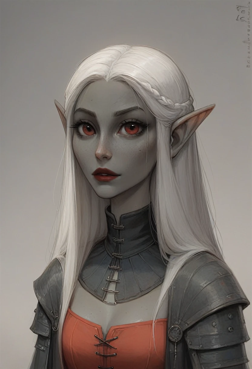 full length, 1 girl, ((Dunmer)), Skyrim, Ancient Scrolls, dark Elf, ((dark gray and ashen skin)), bright red lips, big bright red eyes, muted, long white hair, sexual, dark gothic clothing,  red corset, black checker neck, looking arrogantly at the viewer, conceptual piece of art, Высоко надper body view, Gothic art, 