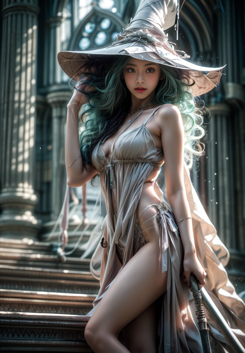 THE BEST QUALITY, DIGITAL PHOTOREALISTIC, AN ASIAN GIRL, LONG NEON GREEN HAIR, MISCHIEVOUS GREEN EYES, WEARING A PINK LINGERIE WITH ANCIENT MAGIC, HOLDING A BROOM WITCH, STANDING IN A CITY WITH MAGICAL ELEMENTS, DYNAMIC POSE, PERFECT ANATOMY, DETAILED SKIN TEXTURE, CREATE A THREE-DIMENSIONAL EFFECT ATMOSPHERE, DEPTH OF FIELD, (FROM BELOW:1.2), SHOT FROM BELOW, WIDE-ANGLE PHOTOGRAPHY.
