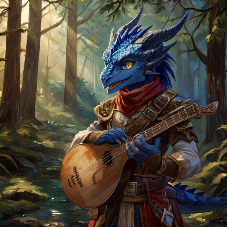 Blue Dragonborn, bard, forest, playing lute front detailed, high resolution