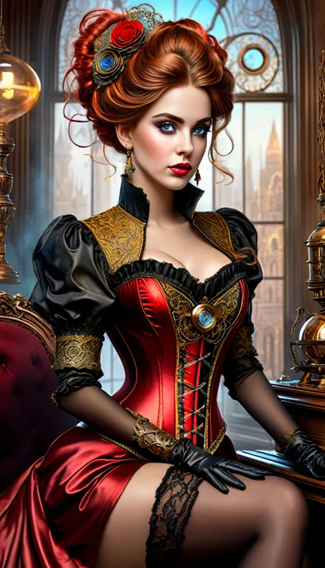 a magnificent, very beautiful and stunning countess, red and gold satin corset, ethereal shape, hair in a messy bun, low-cut chi...