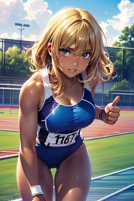 #Basics A girl is posing for a photo, (((One Girl))), (((Baby Face:1.4)) + ((cute:1.4)) + ((15 years old))), 
break 

#Clothing Accessories 
((blue and black((track and field athlete))uniform:1.5) : Shiny + ((Sports Bra))) + (Blue sneakers) + (Abdominal muscles:1.4), (Sweaty skin:1.2),  
break 

#Features 
((Blonde:1.2)), ((Asymmetrical bangs:1.4 + Long side bangs)) + ((Short Hair : Long Hair + Outer bounce + Curly hair + Wavy Hair)), 
((Droopy eyes:1.4, Big eyes:1.2), blue eyes), (Small breasts), (Tanned dark skin:1.4), 
break 

#background environment 
((noon + Sunlit stadium, cumulonimbus + blue sky)), 
#Facial Expression Pose  
(smile,smug face), ((Stand with your feet slightly apart + Strong and confident + (thumbs up)), 
#composition 
((Light shines from the front), (Character Focus), (Angle from the front), (Cowboy Shot)), 
break 

#Body parts elements 
(Slim figure), 
(Symmetrical facial features), 
(Detailed Hair, Beautiful Hair, Shiny Hair), 
(double eyelid, Long eyelashes, Thin eyebrows:0.5), 
(Expression of fine eyes, Beautiful and delicate eyes, Sparkling eyes, Eye Reflexes, Glitter Eyeliner), 
(Human Ear), 
(Beautiful Nose, Thin Nose), 
(Shiny唇, Beautiful Lips, Thick lips), 
(Detailed skin, Textured skin, Beautiful Skin, Oily skin), 
break 

#Quality Image Quality Common 
(((Highest quality)), ((masterpiece)), ((Very detailed))), ((Ultra-high resolution)), ((16K, 1080P)), ((Full HD)), 
(Anatomically correct), (Realistic), (3DCG), (Oil painting), 
((comics, anime)), (CG illustration), (RAW Photos), 
